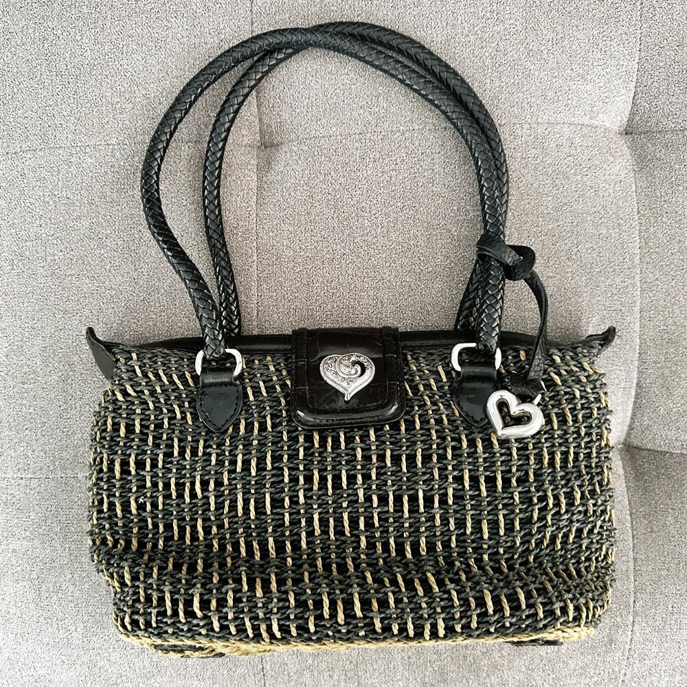 Brighton Woven Shoulder Bag Purse w/ Brown Leather Trim & Braided Double Handles